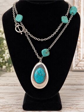 Simon Sebbag Turquoise Station Necklace Sterling Silver Toggle Pendant 37.5”